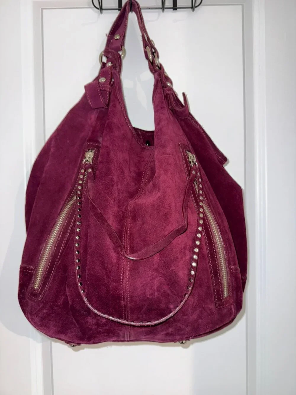 Via Repubblica Large Burgundy Suede Hobo Bag Studded Zip Pocket Shoulder Purse